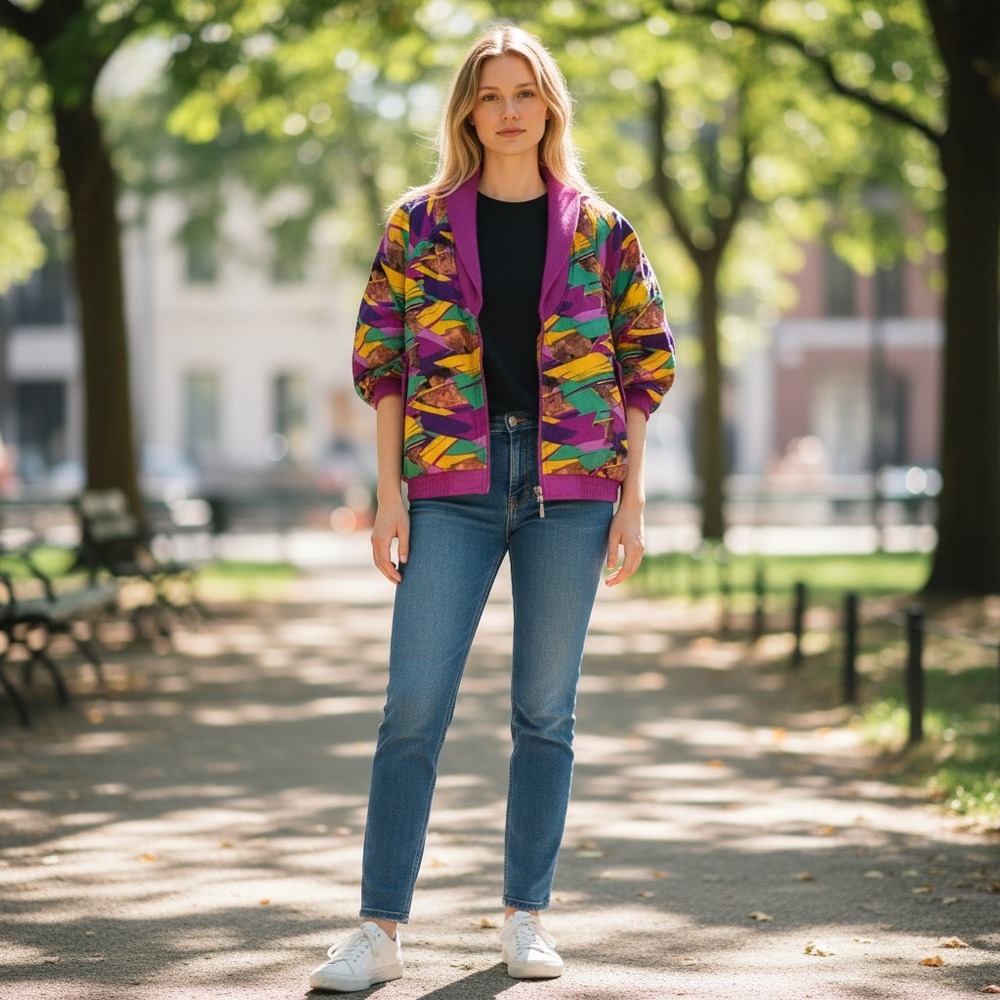 Vintage 80s Abstract Geometric Windbreaker Jacket Purple Yellow Pink XL